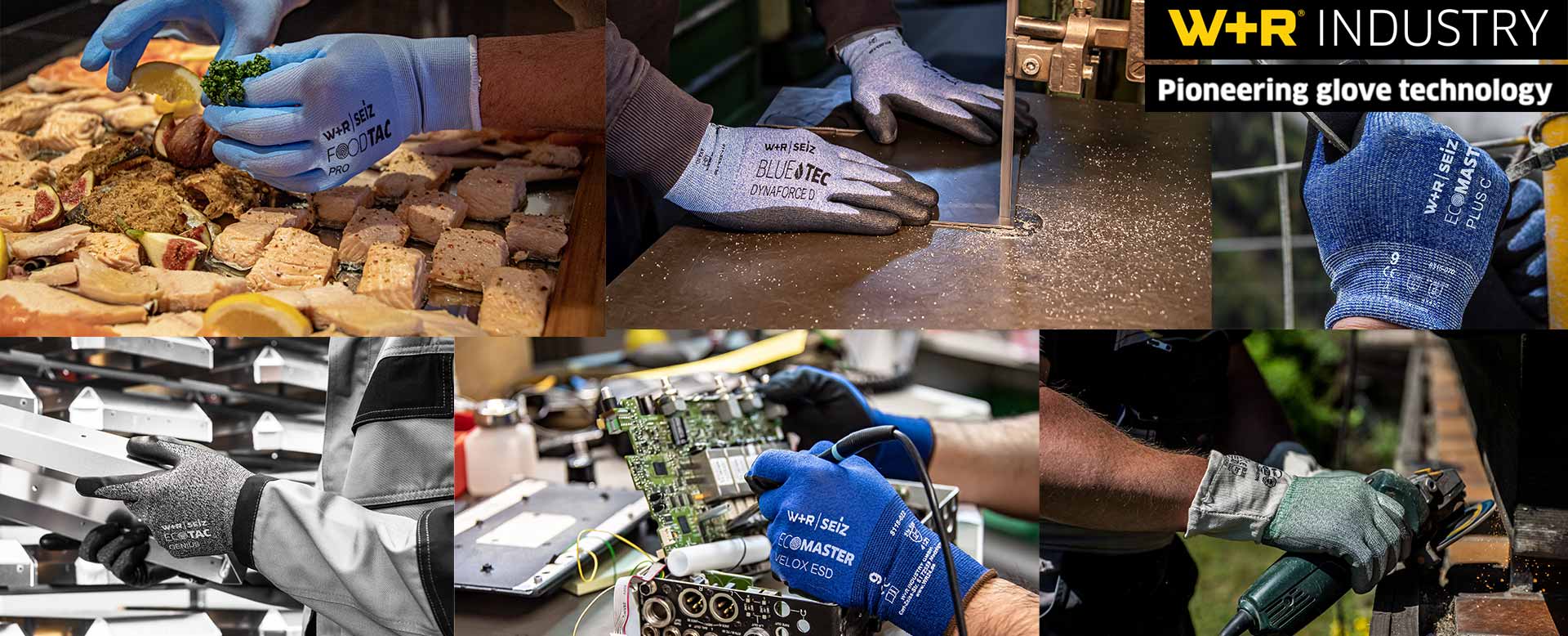 Ein Banner des Handschuhherstellers W+R, auf dem sechs verschiedene Handschuhe zu sehen sind.