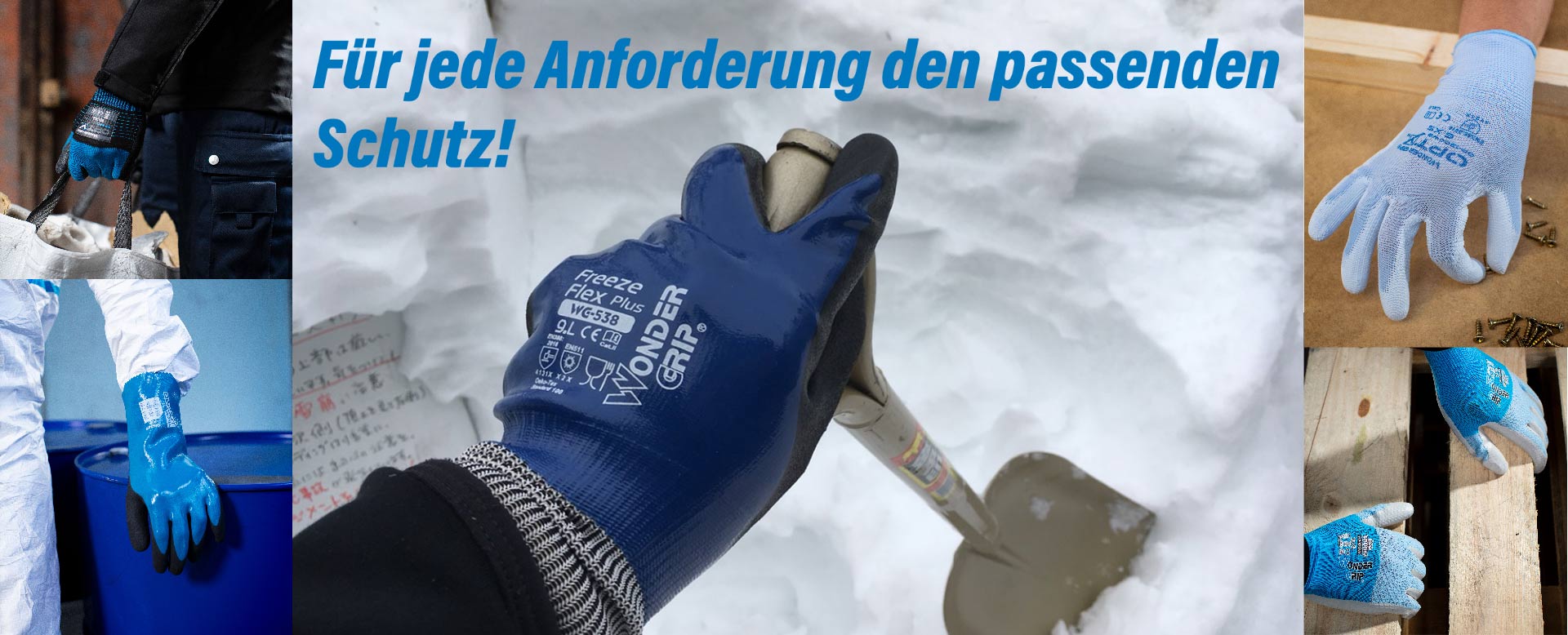 Ein Banner mit fünf verschiedenen Handschuhen der Firma Wondergrip.